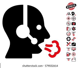 Operator Speech pictograph with bonus flying drone service icon set. Vector illustration style is flat iconic intensive red and black symbols on white background.