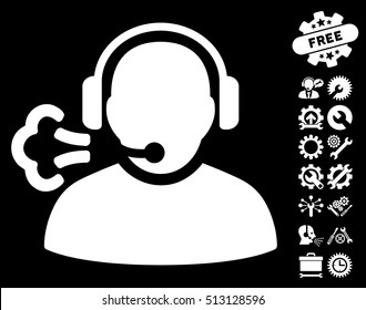 Operator Speech pictograph with bonus options images. Vector illustration style is flat iconic white symbols on black background.