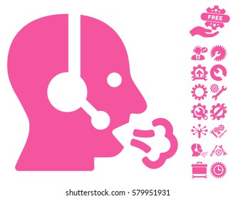 Operator Speech pictograph with bonus options pictograph collection. Vector illustration style is flat iconic pink symbols on white background.