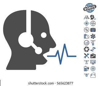 Operator Speech pictograph with bonus quad copter tools design elements. Vector illustration style is flat iconic cobalt and gray symbols on white background.