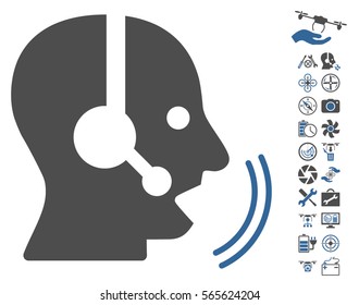 Operator Speech pictograph with bonus quad copter service graphic icons. Vector illustration style is flat iconic cobalt and gray symbols on white background.