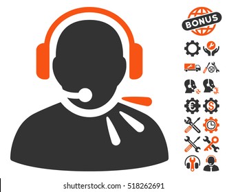 Pictograma de voz del operador con ajustes adicionales de imagen prediseñada. El estilo de ilustración del vector es el símbolo plano icónico naranja y gris sobre fondo blanco.