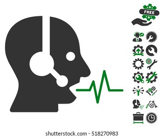 Operator Speech pictograph with bonus settings images. Vector illustration style is flat iconic green and gray symbols on white background.