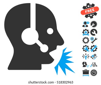 Operator Speech pictograph with bonus settings design elements. Vector illustration style is flat iconic blue and gray symbols on white background.