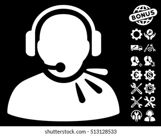 Operator Speech pictograph with bonus setup tools graphic icons. Vector illustration style is flat iconic white symbols on black background.