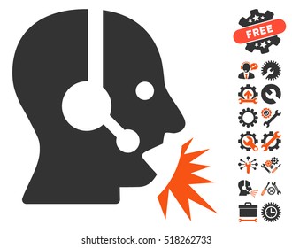 Operator Speech pictograph with bonus setup tools pictograph collection. Vector illustration style is flat iconic orange and gray symbols on white background.