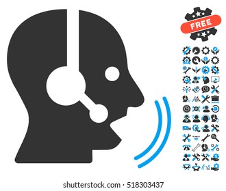 Operator Speech pictograph with bonus setup tools icon set. Vector illustration style is flat iconic blue and gray symbols on white background.