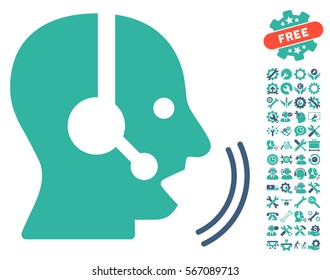 Operator Speech pictograph with bonus setup tools symbols. Vector illustration style is flat iconic cobalt and cyan symbols on white background.