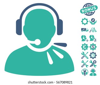 Operator Speech pictograph with bonus setup tools pictograms. Vector illustration style is flat iconic cobalt and cyan symbols on white background.