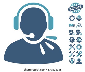Operator Speech pictograph with bonus setup tools pictograph collection. Vector illustration style is flat iconic cyan and blue symbols on white background.