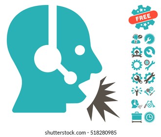 Operator Speech pictograph with bonus tools images. Vector illustration style is flat iconic grey and cyan symbols on white background.