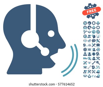 Operator Speech pictograph with bonus tools icon set. Vector illustration style is flat iconic cyan and blue symbols on white background.