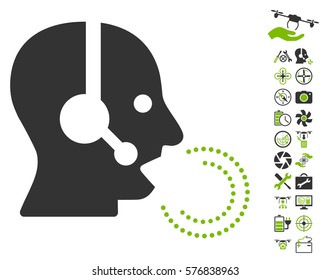 Operator Speech pictograph with bonus uav service graphic icons. Vector illustration style is flat iconic eco green and gray symbols on white background.