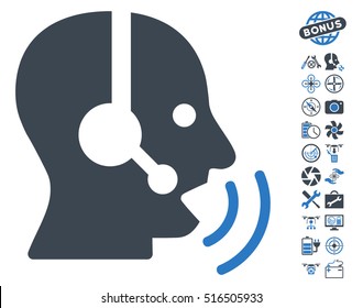 Operator Speech Sound Waves icon with bonus flying drone tools pictograms. Vector illustration style is flat iconic smooth blue symbols on white background.