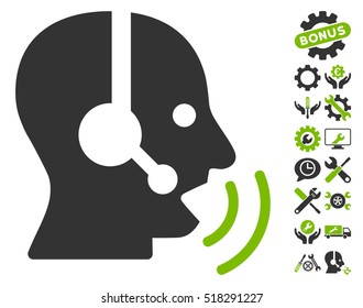 Operator Speech Sound Waves icon with bonus settings symbols. Vector illustration style is flat iconic eco green and gray symbols on white background.