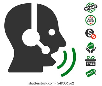 Operator Speech Sound Waves icon with free bonus pictograms. Vector illustration style is flat iconic symbols, green and gray colors, white background.