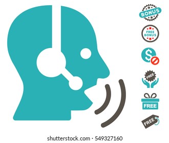 Operator Speech Sound Waves icon with free bonus design elements. Vector illustration style is flat iconic symbols, grey and cyan colors, white background.