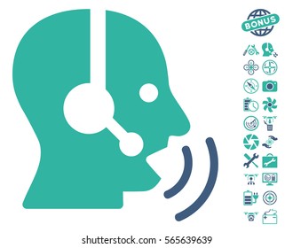 Operator Speech Sound Waves icon with bonus nanocopter tools pictures. Vector illustration style is flat iconic cobalt and cyan symbols on white background.