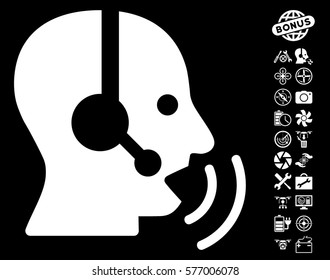 Operator Speech Sound Waves icon with bonus quadrocopter service pictures. Vector illustration style is flat iconic white symbols on black background.