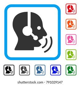 Operator Speech Sound Waves icon. Flat grey iconic symbol inside a light blue rounded frame. Black, gray, green, blue, red, orange color versions of Operator Speech Sound Waves vector.