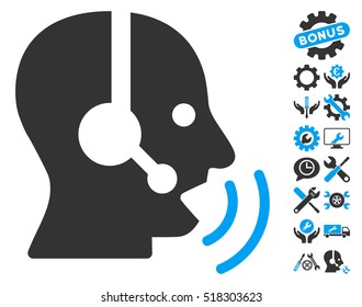 Operator Speech Sound Waves pictograph with bonus options icon set. Vector illustration style is flat iconic blue and gray symbols on white background.