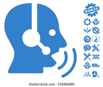 Operator Speech Sound Waves pictograph with bonus service images. Vector illustration style is flat iconic cobalt symbols on white background.