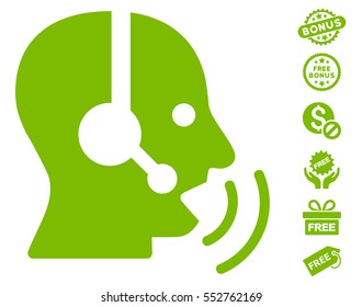 Operator Speech Sound Waves pictograph with free bonus design elements. Vector illustration style is flat iconic symbols, eco green color, white background.