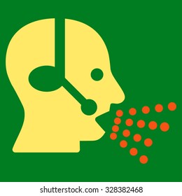 Operator Speech vector icon. Style is bicolor flat symbol, orange and yellow colors, rounded angles, green background.