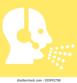Operator Speech vector icon. Style is flat symbol, white color, rounded angles, yellow background.