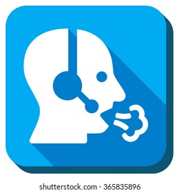 Operator Speech vector icon. Style is rounded square light blue button with long shadows. Symbol color is white.