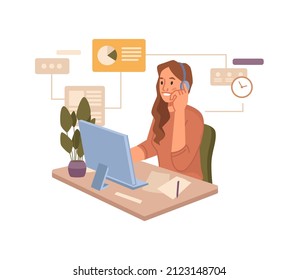 Operator talking on phone, woman speaking to customer. Vector hotline for customer service representative. Worker in office with laptop and headset. Communication online, video conference flat cartoon