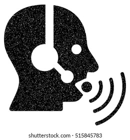 Operator Talking Sound Waves grainy textured icon for overlay watermark stamps. Flat symbol with dirty texture. Dotted vector black ink rubber seal stamp with grunge design on a white background.