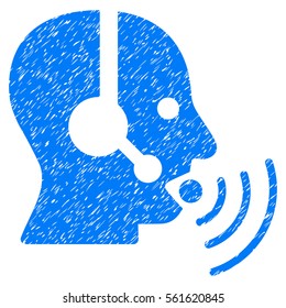Operator Talking Sound Waves grainy textured icon for overlay watermark stamps. Flat symbol with unclean texture. Dotted vector blue ink rubber seal stamp with grunge design on a white background.
