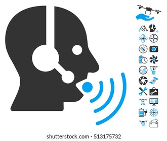 Operator Talking Sound Waves icon with bonus copter tools images. Vector illustration style is flat iconic blue and gray symbols on white background.