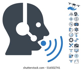 Operator Talking Sound Waves icon with bonus quad copter service icon set. Vector illustration style is flat iconic smooth blue symbols on white background.
