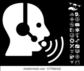 Operator Talking Sound Waves icon with bonus nanocopter service pictograms. Vector illustration style is flat iconic white symbols on black background.