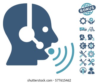 Operator Talking Sound Waves icon with bonus service clip art. Vector illustration style is flat iconic cyan and blue symbols on white background.