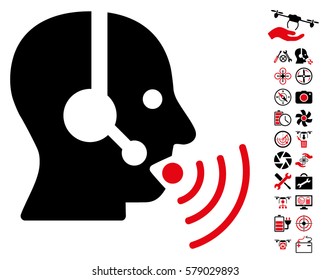 Operator Talking Sound Waves icon with bonus quad copter tools symbols. Vector illustration style is flat iconic intensive red and black symbols on white background.