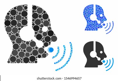 Operator talking sound waves mosaic of round dots in different sizes and color tints, based on operator talking sound waves icon. Vector round dots are united into blue collage.