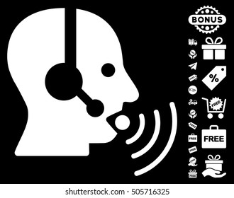 Operator Talking Sound Waves pictograph with free bonus graphic icons. Vector illustration style is flat iconic symbols, white color, black background.