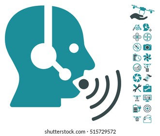 Operator Talking Sound Waves pictograph with bonus uav tools pictograms. Vector illustration style is flat iconic symbols on white background.