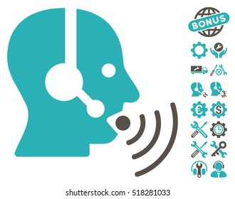 Operator Talking Sound Waves pictograph with bonus service pictograph collection. Vector illustration style is flat iconic grey and cyan symbols on white background.