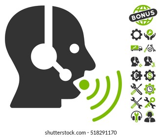 Operator Talking Sound Waves pictograph with bonus options pictograms. Vector illustration style is flat iconic eco green and gray symbols on white background.