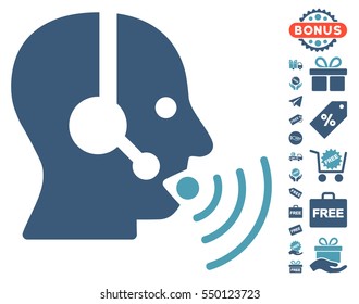 Operator Talking Sound Waves pictograph with free bonus clip art. Vector illustration style is flat iconic symbols, cyan and blue colors, white background.