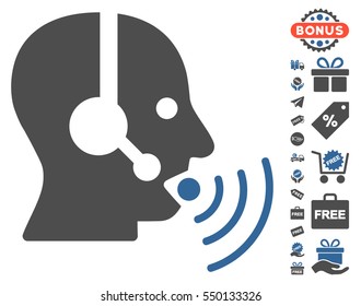 Operator Talking Sound Waves pictograph with free bonus symbols. Vector illustration style is flat iconic symbols, cobalt and gray colors, white background.