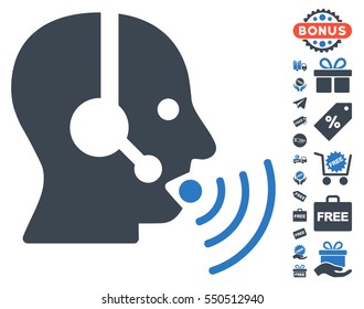 Operator Talking Sound Waves pictograph with free bonus clip art. Vector illustration style is flat iconic symbols, smooth blue colors, white background.