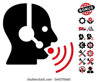 Operator Talking Sound Waves pictograph with bonus tools clip art. Vector illustration style is flat iconic intensive red and black symbols on white background.