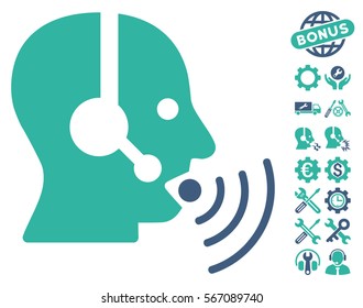 Operator Talking Sound Waves pictograph with bonus service icon set. Vector illustration style is flat iconic cobalt and cyan symbols on white background.