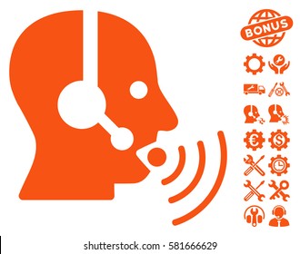Operator Talking Sound Waves pictograph with bonus service pictograms. Vector illustration style is flat iconic orange symbols on white background.