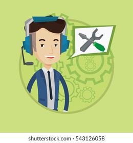 Operator of technical support wearing headphone set. Technical support operator. Caucasian operator of technical support service. Vector flat design illustration in the circle isolated on background.